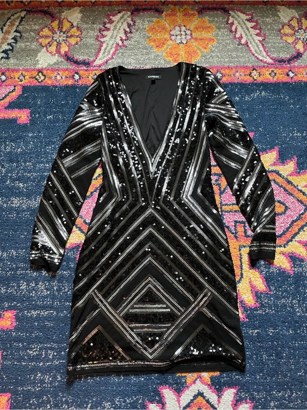 Express Black and Silver Long Sleeve Sequin V-Neck Dress